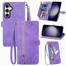 Custodia per telefono in pelle con cerniera fiore in rilievo per Samsung Galaxy S24 5G (viola)