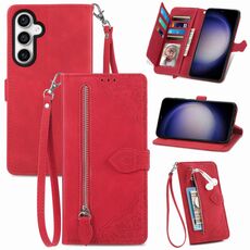 Custodia per telefono in pelle con cerniera fiore in rilievo per Samsung Galaxy S24 5G (rossa)