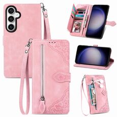 Custodia per telefono in pelle con cerniera fiore in rilievo per Samsung Galaxy S24 5G (rosa)