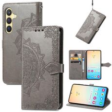 Custodia per telefono in pelle goffrata con fiori mandala per Samsung Galaxy S24 5G (grigio)