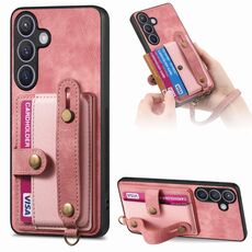 Custodia per telefono posteriore in pelle con cinturino incrociato retrò per Samsung Galaxy S24 5G (rosa)