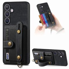 Custodia per telefono posteriore in pelle con cinturino incrociato retrò per Samsung Galaxy S24 5G (nero)