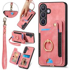 Per Samsung Galaxy S24+ 5G Custodia per telefono a portafoglio multi-scheda con anello effetto pelle retrò (rosa)
