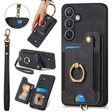 Per Samsung Galaxy S24+ 5G Custodia per telefono a portafoglio multi-scheda con anello effetto pelle retrò (nero)