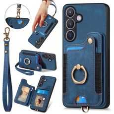 Per Samsung Galaxy S24+ 5G Custodia per telefono a portafoglio multi-scheda con anello effetto pelle retrò (blu)