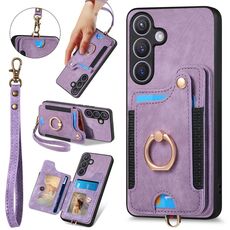 Per Samsung Galaxy S24+ 5G Custodia per telefono a portafoglio multi-scheda con anello effetto pelle retrò (viola)