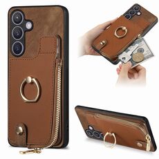 Custodia per telefono posteriore con cerniera verticale con anello in pelle incrociata per Samsung Galaxy S24 5G (marrone)