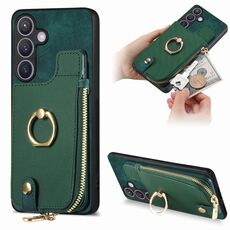 Custodia per telefono posteriore con cerniera verticale con anello in pelle incrociata per Samsung Galaxy S24 5G (verde)