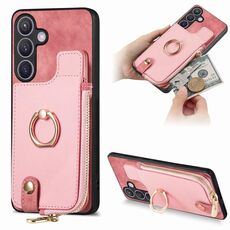 Custodia per cellulare posteriore con cerniera verticale con anello in pelle incrociata per Samsung Galaxy S24 5G (rosa)