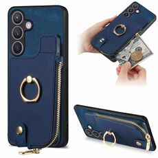 Custodia per telefono posteriore con cerniera verticale con anello in pelle incrociata per Samsung Galaxy S24 5G (blu)