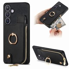 Custodia per telefono posteriore con cerniera verticale con anello in pelle incrociata per Samsung Galaxy S24 5G (nero)