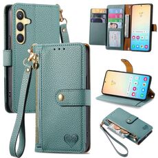 Custodia per telefono in pelle con cordino e cerniera Love per Samsung Galaxy S24 5G (verde)