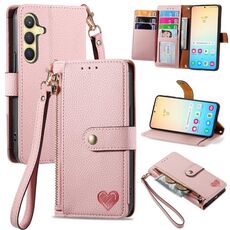 Per Samsung Galaxy S24 5G Love Custodia in pelle con cordino e cerniera (rosa)
