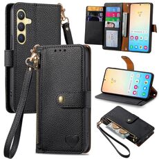 Custodia per telefono in pelle con cordino e cerniera Love per Samsung Galaxy S24+ 5G (nera)