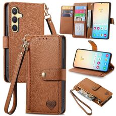 Custodia per telefono in pelle con cordino e cerniera Love per Samsung Galaxy S24+ 5G (marrone)