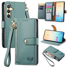 Custodia per telefono in pelle con cordino e cerniera Love per Samsung Galaxy S24+ 5G (verde)