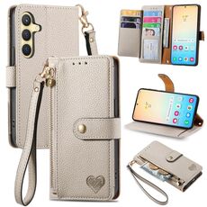 Custodia per telefono in pelle con cordino e cerniera Love per Samsung Galaxy S24+ 5G (grigio)