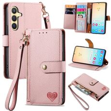 Custodia per telefono in pelle con cordino e cerniera Love per Samsung Galaxy S24+ 5G (rosa)