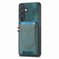 Custodia per telefono in pelle con texture denim per Samsung Galaxy S24+ 5G con slot per schede (verde)