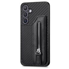 Per Samsung Galaxy S24+ 5G Custodia per telefono a portafoglio con cerniera orizzontale con chiusura a scatto in fibra di carbonio (nera)
