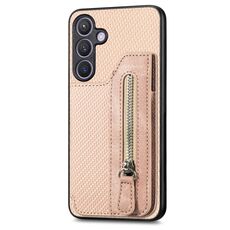 Custodia a portafoglio con cerniera orizzontale per Samsung Galaxy S24+ 5G in fibra di carbonio (cachi)