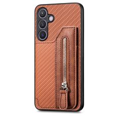 Per Samsung Galaxy S24+ 5G Custodia per telefono a portafoglio con cerniera orizzontale con chiusura in fibra di carbonio (marrone)