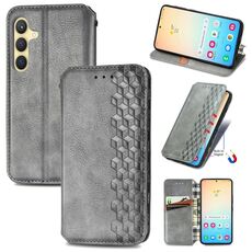 Custodia per telefono in pelle magnetica pressata a griglia cubica per Samsung Galaxy S24 5G (grigio)