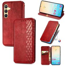 Custodia per telefono in pelle magnetica pressata a griglia cubica per Samsung Galaxy S24 5G (rossa)