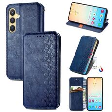 Custodia per telefono in pelle magnetica pressata a griglia cubica per Samsung Galaxy S24 5G (blu)