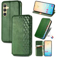 Custodia per telefono in pelle magnetica pressata a griglia cubica per Samsung Galaxy S24 5G (verde)