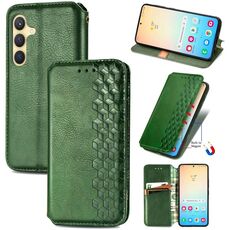 Custodia per telefono in pelle magnetica pressata a griglia cubica per Samsung Galaxy S24+ 5G (verde)