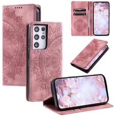 Custodia per telefono in pelle magnetica goffrata totem per Samsung Galaxy S21 Ultra 5G (oro rosa)