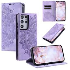 Custodia per telefono in pelle magnetica in rilievo con totem per Samsung Galaxy S21 Ultra 5G (viola)