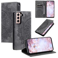 Custodia per telefono in pelle magnetica goffrata Totem per Samsung Galaxy S22+ 5G (grigio)
