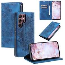 Custodia per telefono in pelle magnetica goffrata totem per Samsung Galaxy S22 Ultra 5G (blu)