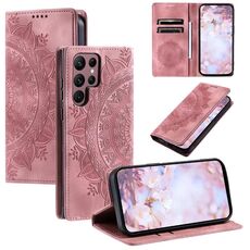 Custodia per telefono in pelle magnetica goffrata totem per Samsung Galaxy S22 Ultra 5G (oro rosa)