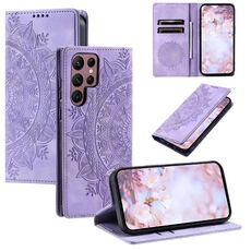 Custodia per telefono in pelle magnetica goffrata Totem per Samsung Galaxy S22 Ultra 5G (viola)