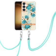 Per Samsung Galaxy S24+ 5G Custodia per telefono in TPU IMD serie Fiori e piante con cordino (rosa blu)