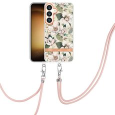 Per Samsung Galaxy S24 5G Custodia per telefono in TPU IMD serie Fiori e piante con cordino (Gardenia verde)