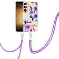Per Samsung Galaxy S24 5G Custodia per telefono in TPU IMD serie Fiori e piante con cordino (Begonia viola)