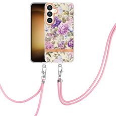 Per Samsung Galaxy S24 5G Custodia per telefono in TPU IMD serie Fiori e piante con cordino (peonia viola)