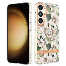 Per Samsung Galaxy S24 5G Custodia per telefono in TPU IMD serie Fiori e piante con supporto ad anello (Gardenia verde)