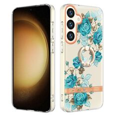 Per Samsung Galaxy S24 5G Custodia per telefono in TPU IMD serie Fiori e piante con supporto ad anello (rosa blu)