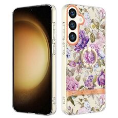 Per Samsung Galaxy S24 5G Custodia per telefono in TPU IMD serie Fiori e piante con supporto ad anello (peonia viola)