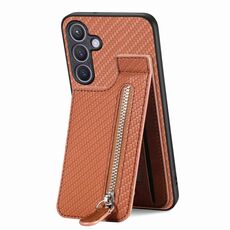 Per Samsung Galaxy S24+ 5G Custodia per cellulare con cerniera verticale a vibrazione in fibra di carbonio (marrone)