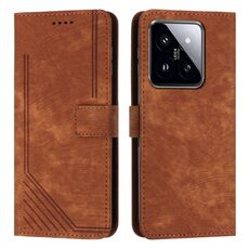 Per Xiaomi 14 pro Custodia per telefono in pelle con motivo a strisce Skin Feel con cordino lungo (marrone)