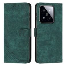 Per Xiaomi 14 pro Custodia per cellulare in pelle con motivo a strisce Skin Feel con cordino lungo (verde)