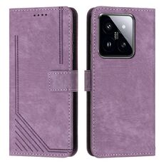 Per Xiaomi 14 pro Custodia per telefono in pelle con motivo a strisce Skin Feel con cordino lungo (viola)