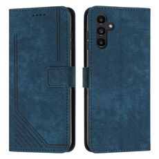 Per Samsung Galaxy S24 Custodia per telefono in pelle con motivo a strisce Skin Feel con cordino lungo (blu)