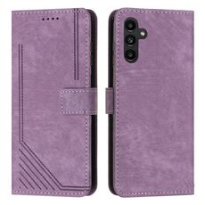Per Samsung Galaxy S24 Custodia per telefono in pelle con motivo a strisce Skin Feel con cordino lungo (viola)